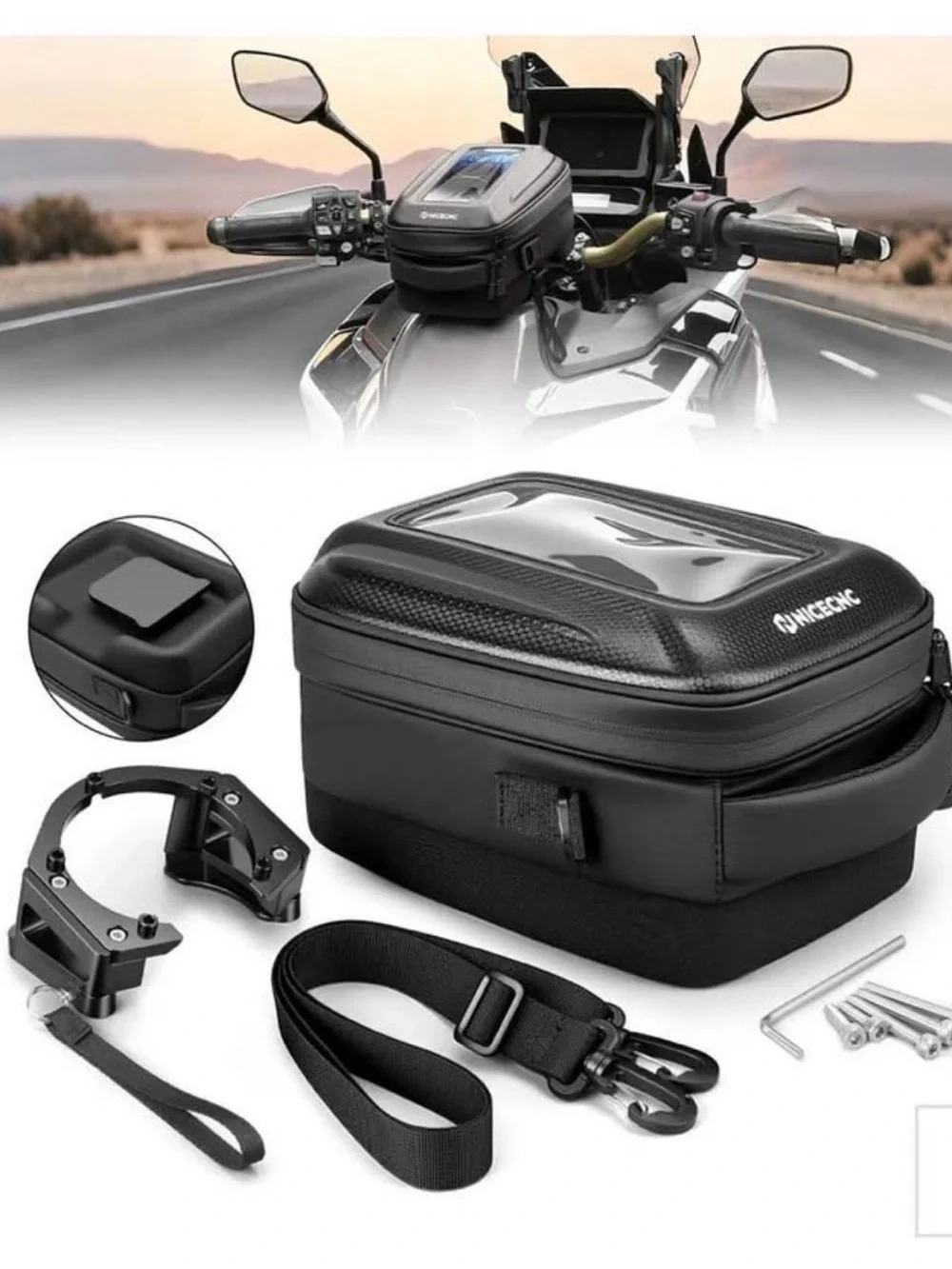 Black Motorcycle Tank Bag with Phone Pocket